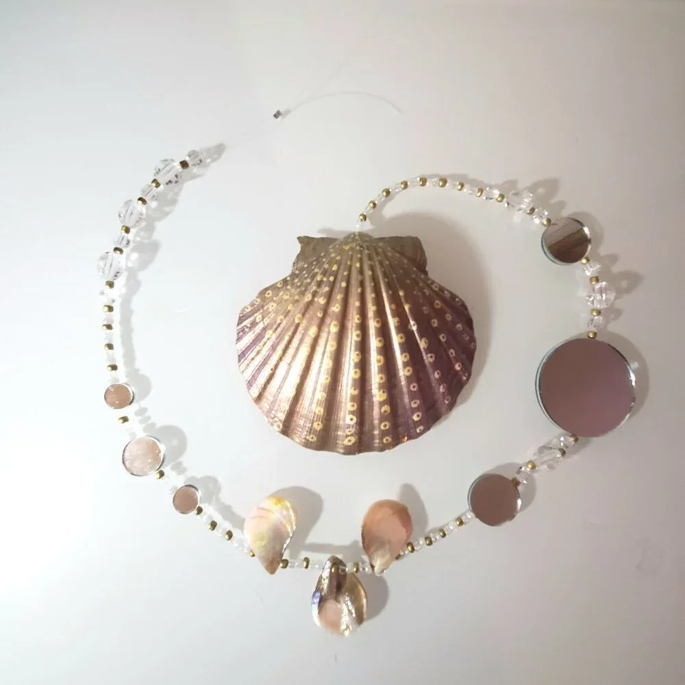 Suncatcher with Painted Seashell, Mirrors and Glass Seed Beads and Acrylic Beads